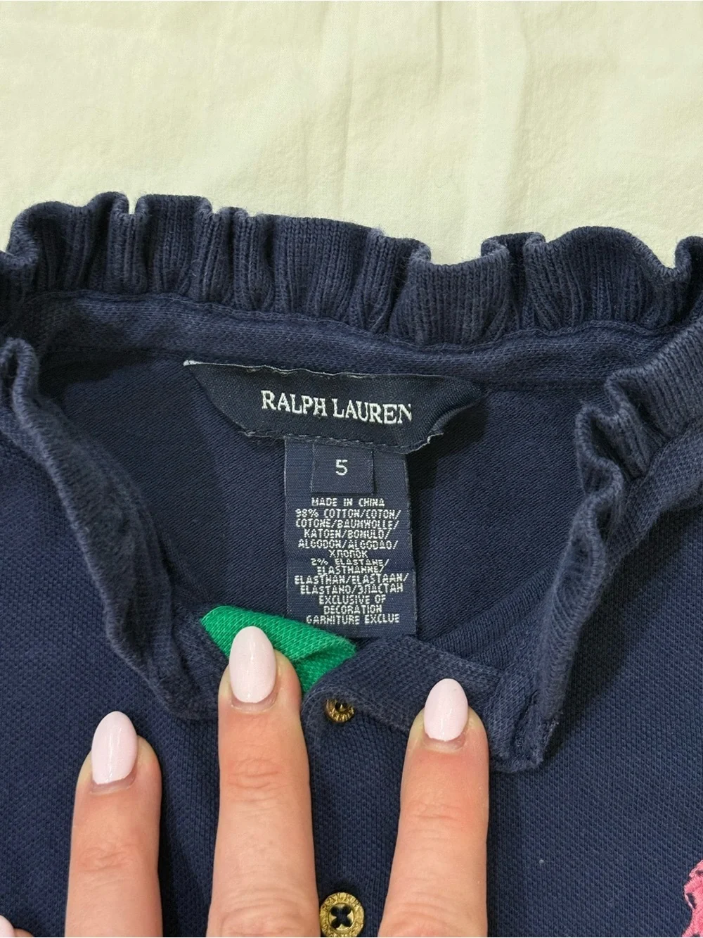 Ralph Lauren Girls Ruffle Collar Pique Polo Navy Sz 5